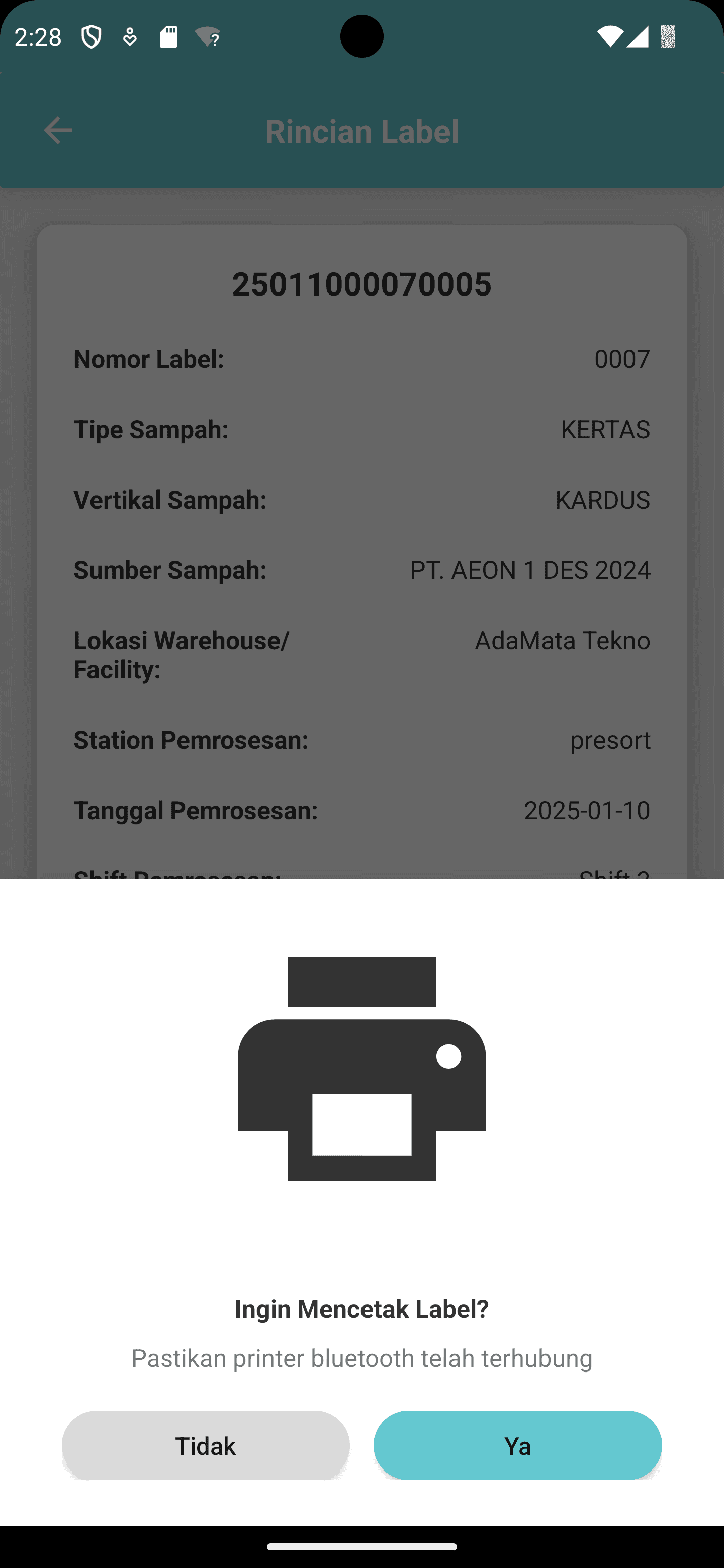 Print Label screen