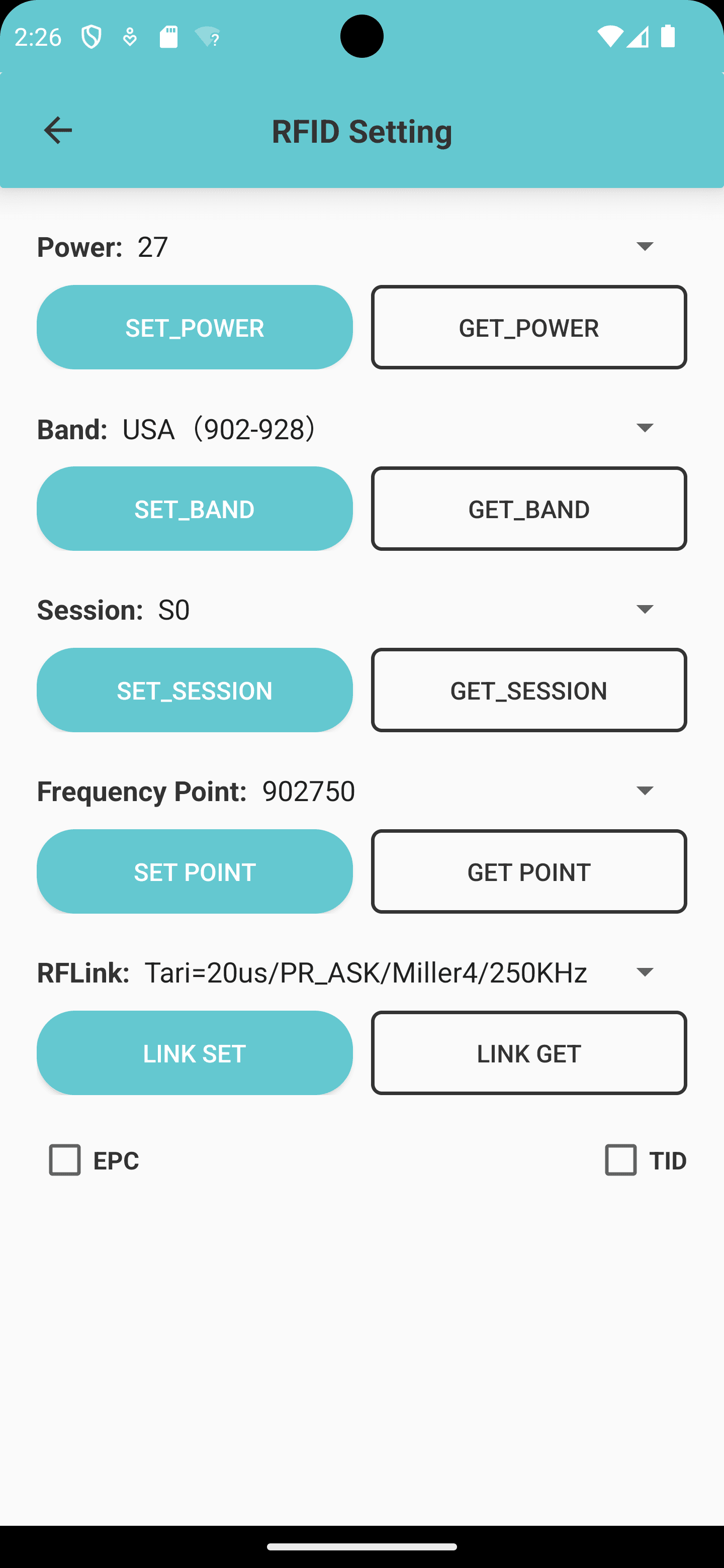 RFID Setting screen