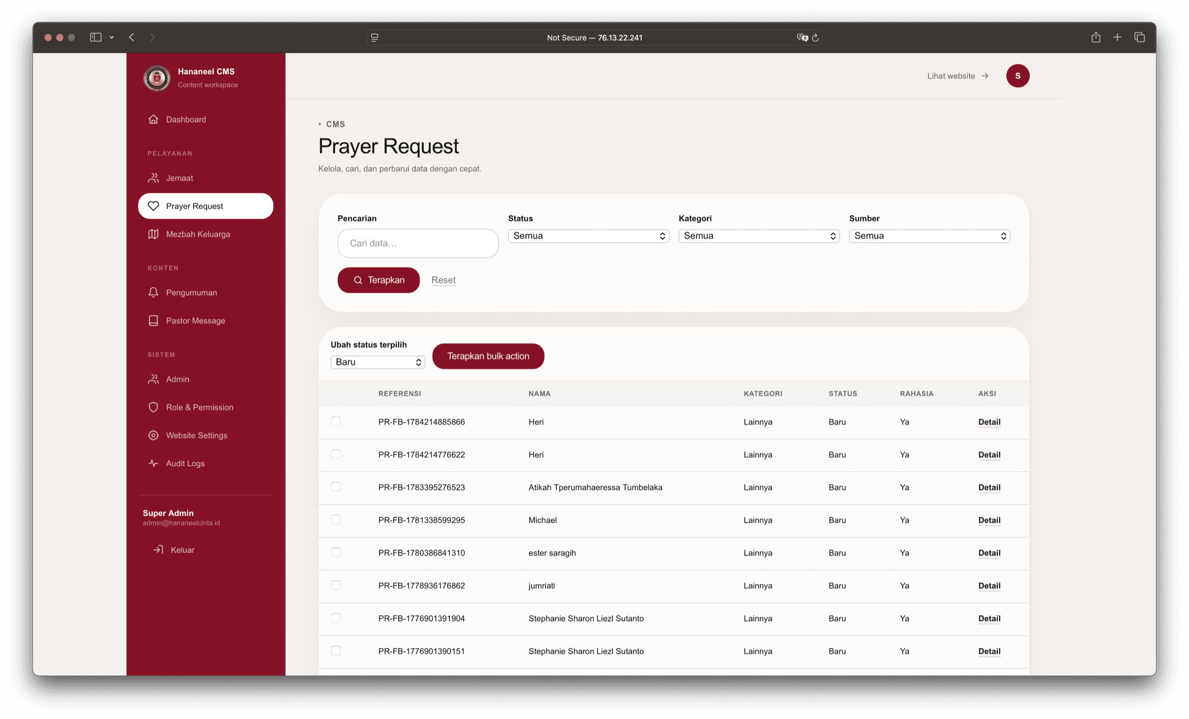 Prayer Request Management screenshot